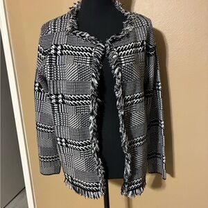 Sioni Black and White Fringe Open-Front Blazer